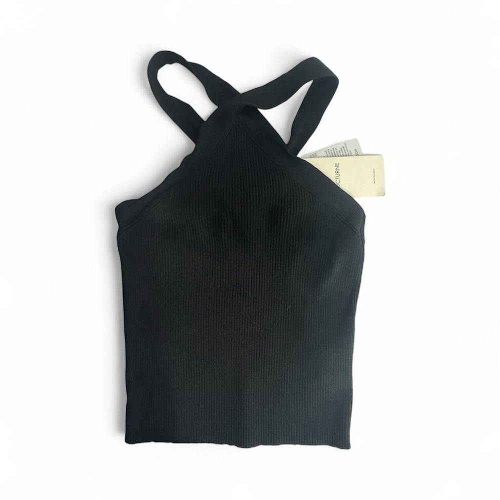 NWT Nocturine Elegant Black Ribbed Cropped Cross-Front Halter Top Large